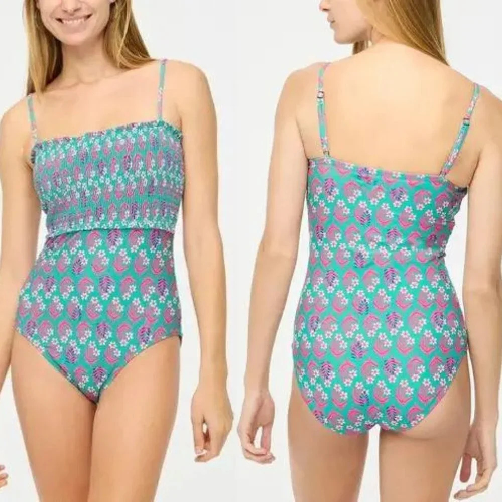J.Crew Green Pink Floral Smocked One Piece Swimsuit 27415